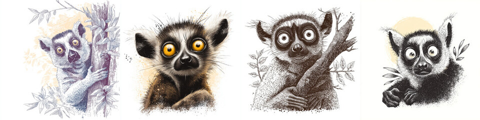 Obraz premium Whimsical Illustrations of Lemurs with Large Eyes and Unique Expressions in Vibrant Colors and Textures