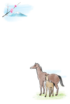 水彩で描いた馬のイラスト　和風年賀状
