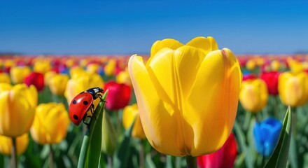 Ladybug on a yellow tulip in a colorful field on a sunny day