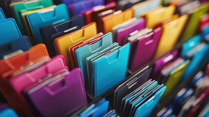 A colorful array of folders in a filing cabinet.