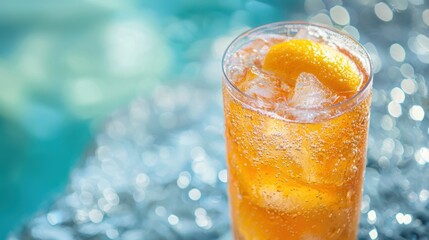A glass of orange soda with ice and a lemon slice on a reflective surface.