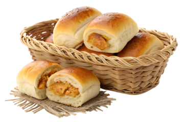 Golden brown sausage rolls baked in a wicker basket