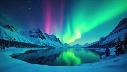 Magical Arctic Aurora Vibrant Northern Lights Illuminate Frozen Lake and Snow-Covered Mountains in a Tranquil Winter Wonderland