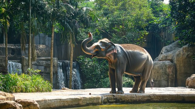 Elephant standing in a zoo enclosure with a waterfall in the background. - Powered by Adobe