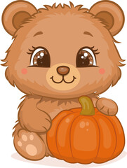 A cute cartoon Bear with pumpkin. Vector illustration of animal on white background.