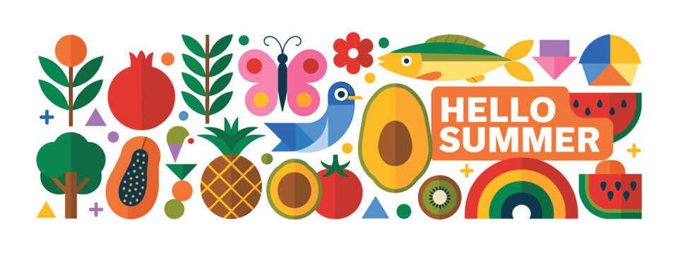 Colorful Flat Design Summer Fruits Vegetables and Animals on White Background hello summer food