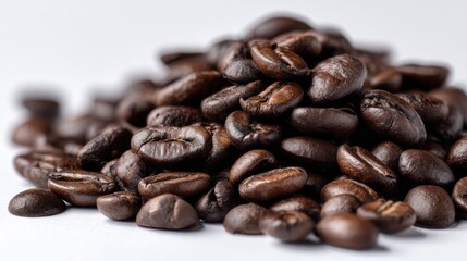 Fototapeta premium A close-up view of freshly roasted coffee beans arranged in a natural stack, showcasing their rich color and texture.