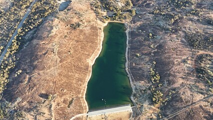 Aerial view of Waddouring Dam near Wyalkatchem, Western Australia, showing a large water reservoir...