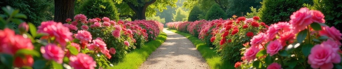 Obraz premium Serene Garden Path Blossoming Flowers and Sunlight Streaming Through Lush Greenery