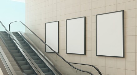 Three blank, vertical billboard mockups on a tiled wall next to an escalator