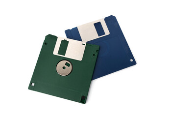 Computer old retro vintage collectibles. green and blue diskette or floppy disk 3.5 inches isolated...