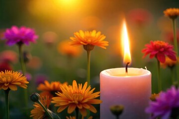 Close-up of a flickering candle flame against a backdrop of vibrant summer wildflowers, bathed in golden sunlight The intense heat shimmers in the air above the flame , bright, floral