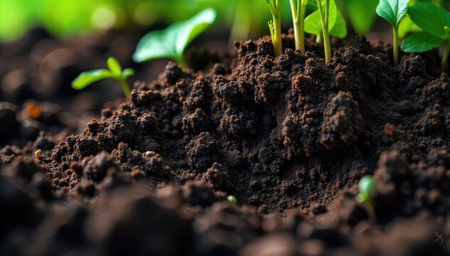 Fototapeta Close-up of rich, dark soil, textured and damp, with visible plant roots and decaying leaves  perfect for nature, gardening, or environmental themes , brown tones, fall, autumn