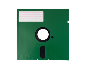 Retro vintage storage unit of computer. Old green diskette or floppy disk 5.25 inches with empty label sticker isolated on transparent background or png file.