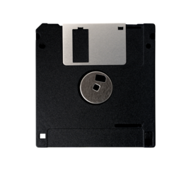 Computer old retro vintage collectibles. black front diskette or floppy disk 3.5 inches isolated on transparent background or png file.