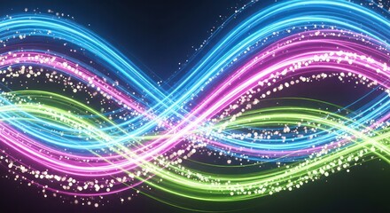 Abstract Neon Light Trails with Glowing Particles on Dark Background