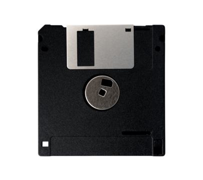 Computer old retro vintage collectibles. black front diskette or floppy disk 3.5 inches isolated on transparent background or png file.