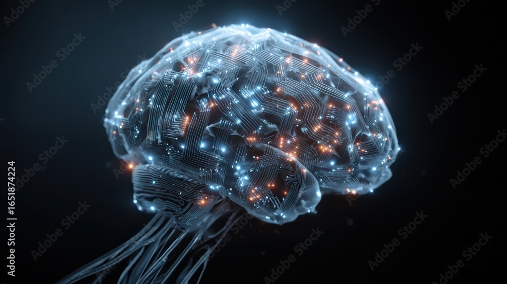 Poster a digital illustration of a glowing brain connected by neural networks, showcasing the complexity of