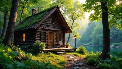 Cozy rustic hut nestled in a tranquil forest, sunlight streaming through gaps in the wooden walls, creating a serene atmosphere perfect for relaxation and escape , countryside, stillness, homey