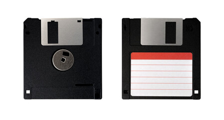Computer old retro vintage collectibles. black front and back diskette or floppy disk 3.5 inches with empty label sticker isolated on transparent background or png file.