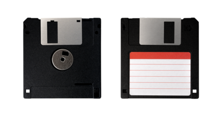Computer old retro vintage collectibles. black front and back diskette or floppy disk 3.5 inches with empty label sticker isolated on transparent background or png file.
