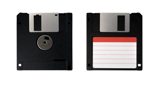 Computer old retro vintage collectibles. black front and back diskette or floppy disk 3.5 inches with empty label sticker isolated on transparent background or png file.