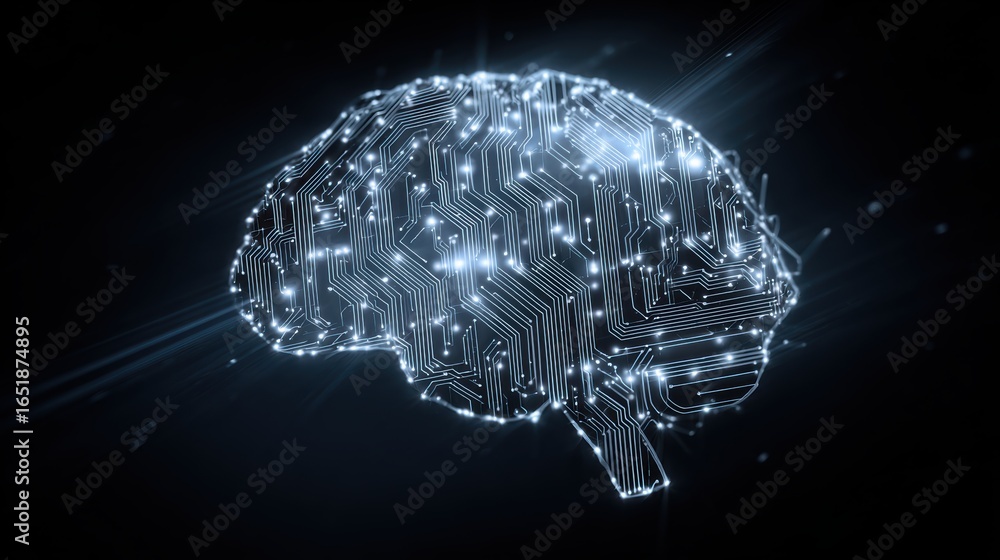 Poster a futuristic representation of a digital brain illuminated with circuits and lights, symbolizing ai 