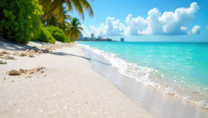 Fototapeta premium Fine white sand of Miami Beach, glistening under the bright sun Perfect texture for sunbathing or building sandcastles Tropical paradise vibes , sand, serene, paradise