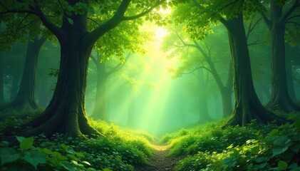 Naklejka premium Lush green forest scene, dappled sunlight filtering through leaves, creating a magical atmosphere Perfect for fantasy, nature, or environmental projects , biodiversity, tranquil