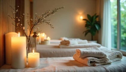 Relaxing spa interior with elegant decor, plush towels, and aromatic candles Perfect for promoting beauty treatments and wellness services , clean, calm