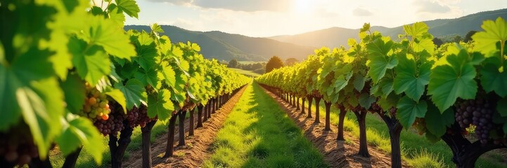 Naklejka premium Sun-Drenched Hillside Vineyard Rows of Lush Grapevines Heavy with Ripe Grapes, a Picturesque Harvest Scene