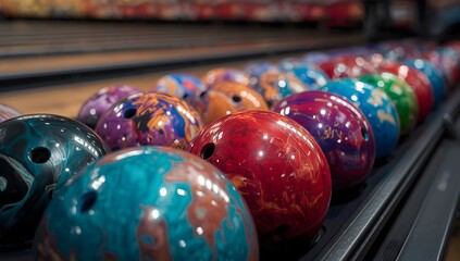 Colorful bowling balls arranged on rack in bowling alley