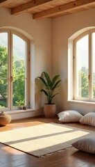 Fototapeta premium Serene meditation room bathed in soft natural light, featuring comfortable cushions and calming decor, ideal for mindfulness and relaxation , breathing, natural light, quiet space