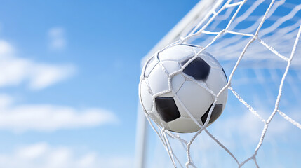 A close-up of a soccer ball lodged in the net against a clear blue sky, symbolizing victory and sportsmanship.
