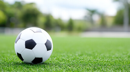 Fototapeta premium A close-up of a soccer ball on a green field, perfect for capturing the essence of sports and outdoor activities.