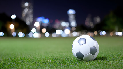 Fototapeta premium A close-up of a soccer ball on vibrant green grass at night, surrounded by a blurred city skyline in the background.
