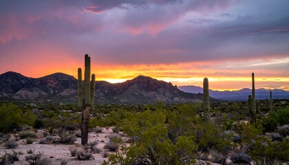 Dramatic desert sunset with tall cacti silhouetted against vibrant, colorful sky and distant mountains