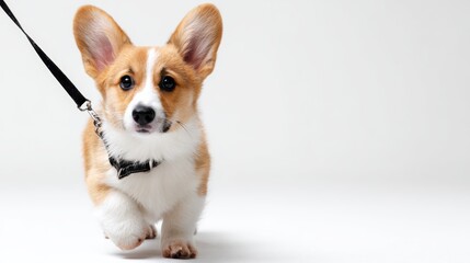 A playful corgi puppy walking with a leash, showcasing its adorable features and lively spirit.