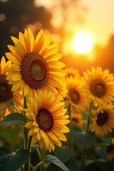 Obraz premium Vibrant sunflowers basking in the golden sunlight, their faces turned towards the radiant sun A breathtaking display of nature's beauty and the power of the sun , flora, light, plant