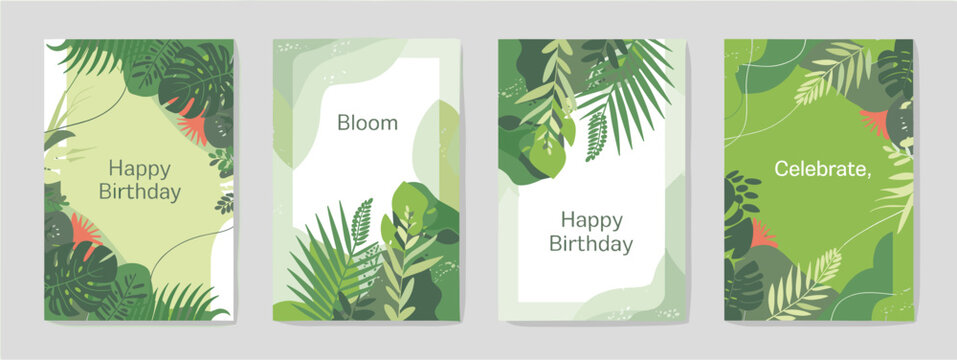 Four tropical leaf birthday greeting card templates with green and coral accents leaves