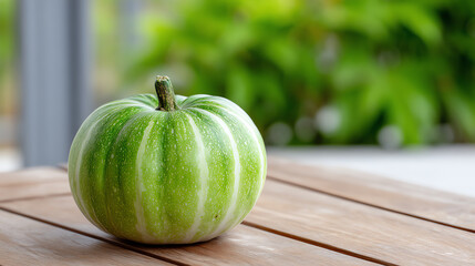 A fresh, green pumpkin showcasing its unique striped pattern on a wooden table, with a blurred green background.