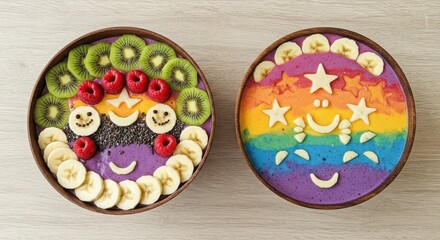 Bowl of rainbow smoothie bowls with fruit art with uplifting mood for a cheerful presentation and healthy meal presentation