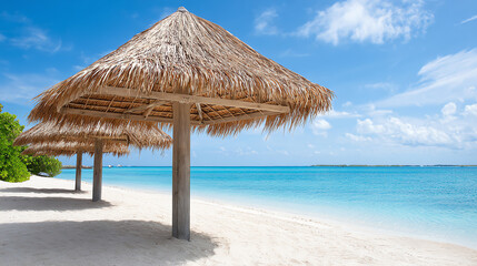 A serene beach scene featuring straw umbrellas and clear blue skies, perfect for relaxation and vacation inspiration.