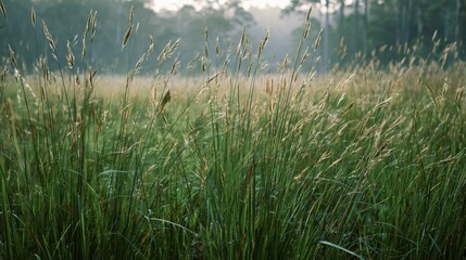 Obraz premium A serene landscape featuring tall, lush green grass swaying gently in the breeze under a soft morning light.