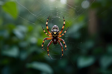 Obraz premium Spider Weaving Web in Garden Closeup Macro