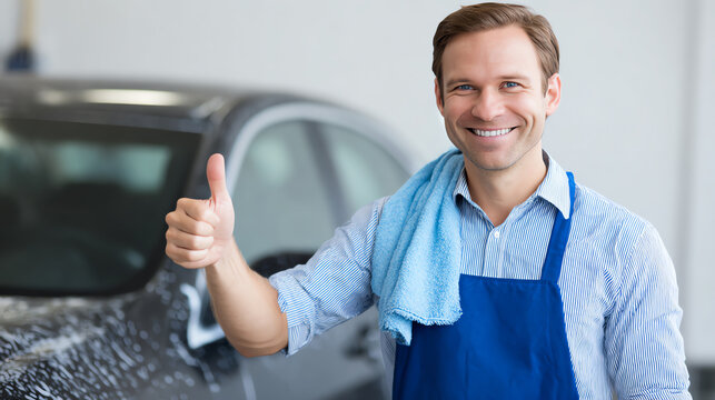 A smiling man in an apron giving a thumbs up in a car wash setting, showcasing a positive attitude towards car cleaning.