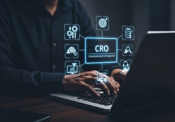 CRO Conversion Rate Optimization Technology Concept. Woman using laptop with icons representing CRO, analytics, A/B testing, funnel optimization, performance metrics for digital marketing improvement,