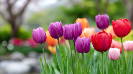 Obraz premium A vibrant display of tulips in various colors, adding beauty to the garden and showcasing nature's artistry in full bloom.