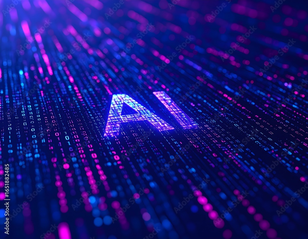 Poster ai glowing text emerging from digital matrix code