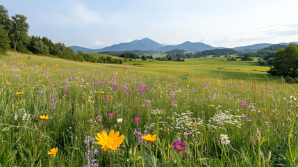 A vibrant meadow filled with colorful wildflowers under a clear sky, showcasing the beauty of nature and tranquility in the countryside.